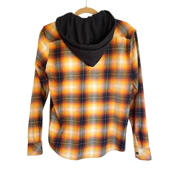 Nomad Orange Navy Plaid Flannel Button Up Waffle Knit Hood Mens MED Fall Casual - Picture 2 of 8